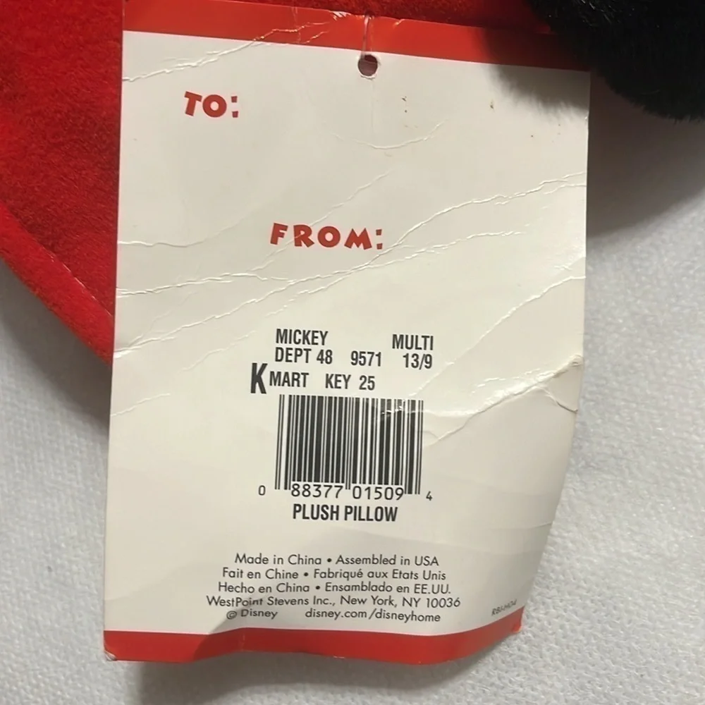 Disney Mickey Mouse Throw Pillow Red Vintage 1990's Deadstock